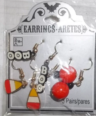 Earrings Aretes Halloween 3 Pair Sets - Candy Corn, BOO & Orange Ovals - Image 1 of 4