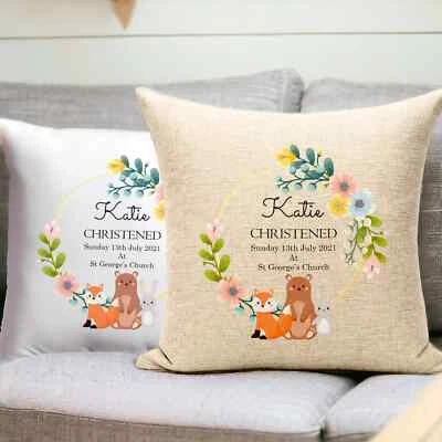 Personalised Cushion - New Born Gift Animals In Wreath | Christening Keepsake... - Image 1 of 4