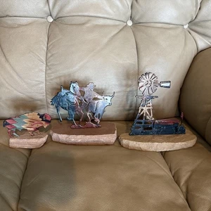 Steer Wrestler, Windmill, Buffalo Lazart Metal Art Mounted On A Rock Lot(3) - Picture 1 of 12