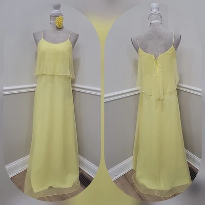 Vestido maxi vintage anos 70 amarelo chiffon alça espaguete vestido de noite/cintura império  - Imagem 1 de 4