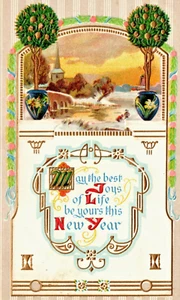 c1910 New Year, spire, snowy village scene, embossed, very cool antique card - Picture 1 of 3