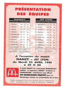 Feuille de match SLUC  Nancy - JET Lyon - 23 avril 1996 - Picture 1 of 2