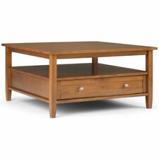 Simpli Home Warm Shaker Wood 36" Square Transitional Coffee Table in Light Go...