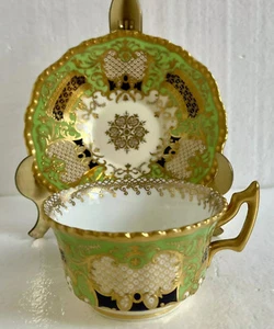 Antique Coalport England Tea Cup & Saucer Green Cobalt Heavy Gold Circa 1891 - Picture 1 of 8