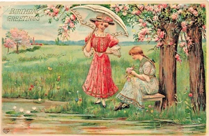Victorian Women by Water-Birthday Greetings~Embossed gilt~Antique POSTCARD - Picture 1 of 2