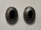 Vintage Whiting & Davis Silver Tone Clip On Earrings Black Glass Textured