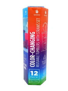 Paquete de 12 vasos reutilizables que cambian de color MANNA con juego de tapas y paja - 24 oz 710 ml - Imagen 1 de 12