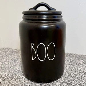 Barattolo RAE DUNN Nero BOO Halloween Coperchio Ceramica Farina Zucchero Biscottiera Artigianale - Foto 1 di 6