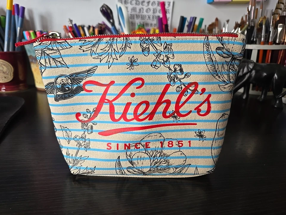 Bolso de Maquillaje de Viaje a Rayas Azules Kiehl's Since 1851/Estuche Bolsa de Artículos de Aseo Nuevo Foto 1 de 1