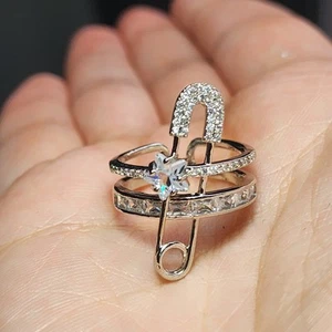 Luxury Inspired Fashion Bling Safety Pin Adjustable Ring - Picture 1 of 4
