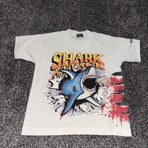 Vintage 1993 Shark Attack T-Shirt Kids Size 6-8 White Shark-Bite Florida Rare - Picture 1 of 12