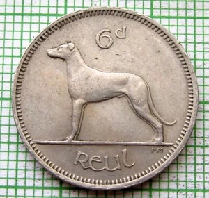 IRELAND 1967 6 PINGIN PENCE SIXPENCE, IRISH WOLFHOUND DOG & Gaelic Harp km# 13a - Picture 1 of 6