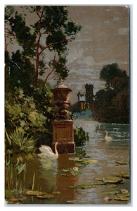 Hermosa escena con cisnes en lago escena arte postal - Imagen 1 de 2