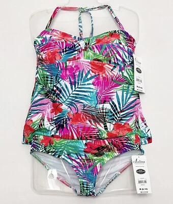 NWT Catalina 2 Piece Swimwear Tankini Twist Top & Scoop Bottom Teal Pink Medium - Image 1 of 4