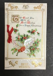 Gold und Silber Metallic Gedicht Rotes Band Frohe Weihnachten Gruß Postkarte - Bild 1 von 2