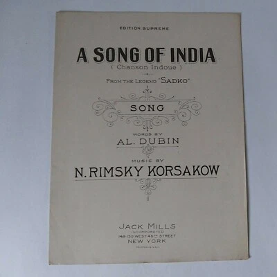 1924 "A Song Of India" Vintage Sheet Music By Chanson Indoue from Sadko Good  - Image 1 of 4