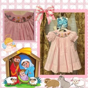 Girls NWT Petit Bebe Smocked Dress Long Christmas Check Free Bow 9 Months - Picture 1 of 12