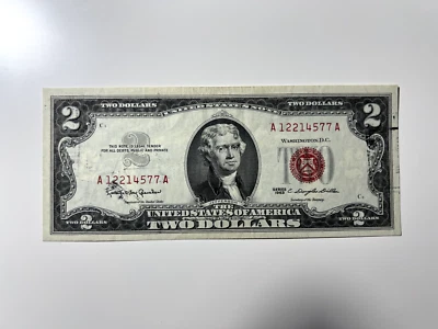 1963 $2 Dollar Red Seal Note - Great Condition - Black Ink & Visible Stamp - Image 1 of 4