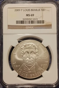 2009-P $1 Louis Braille Commemorative Silver Dollar NGC MS69 - Picture 1 of 4