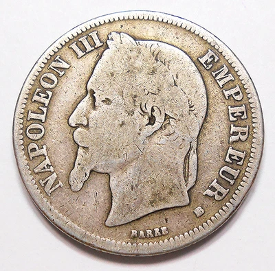 Francia 1866 BB PLATA 2 Francos G-VG ** LLAVE Tipo NAPOLEÓN III Segundo Imperio Moneda Foto 1 de 2