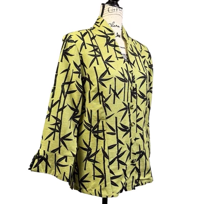 Túnica de seda con botones verde estampado de bambú cuello Nehru manga 3/4 a medida talla mediana Foto 1 de 4