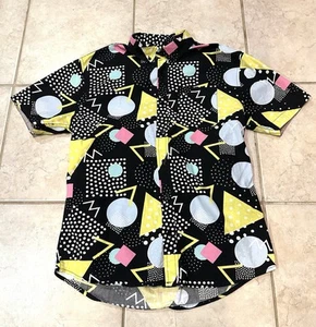 Massives 80er Retro Neon geometrisches Hemd Herren Knopfleiste Medium Fronttasche schwarz - Bild 1 von 10