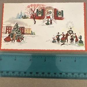 Vintage Mid Century Christmas Card Greetings People Gathering Singing - Picture 1 of 3