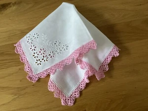 Vintage Spitzentaschentuch weiß rosa pink Braut Hochzeit Taschentuch Spitze - Bild 1 von 3