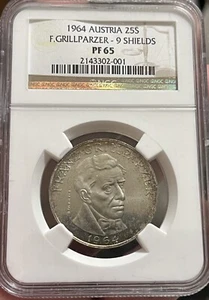 1964 Austria 25 Shilling Silver Proof NGC PF 65 Nine Shields Variety - Picture 1 of 7