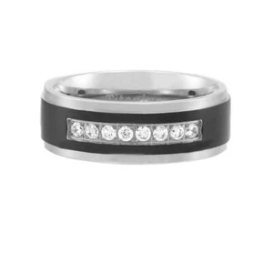8mm Titanium Black Strip Center Pave Round Cubic Zirconia Step Edge Men's Band - Picture 1 of 10