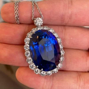 Lab Sapphire Oval Pendant Necklace 925 Fine Silver Red Carpet Cocktail Jewelry - Picture 1 of 4