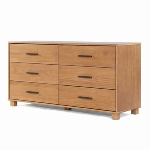 Modern 6 Double Drawer Dresser Wide Chest of Drawers Solid Wood Acacia Finish - Picture 1 of 4