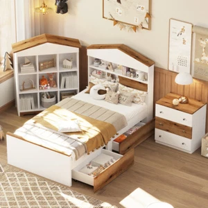 3-Pieces Sets, Twin Size Bed with Drawers, Nightstand & House-shaped Rack, Brown - Picture 1 of 16