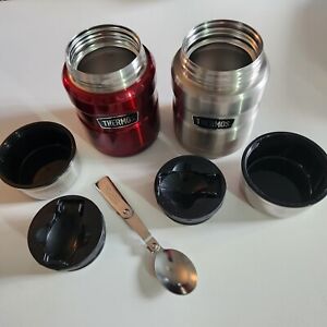 Lot 2 Thermos Lunch Size 16 OZ With Spoon (1) Red Aluminum Picnic Festival Work 