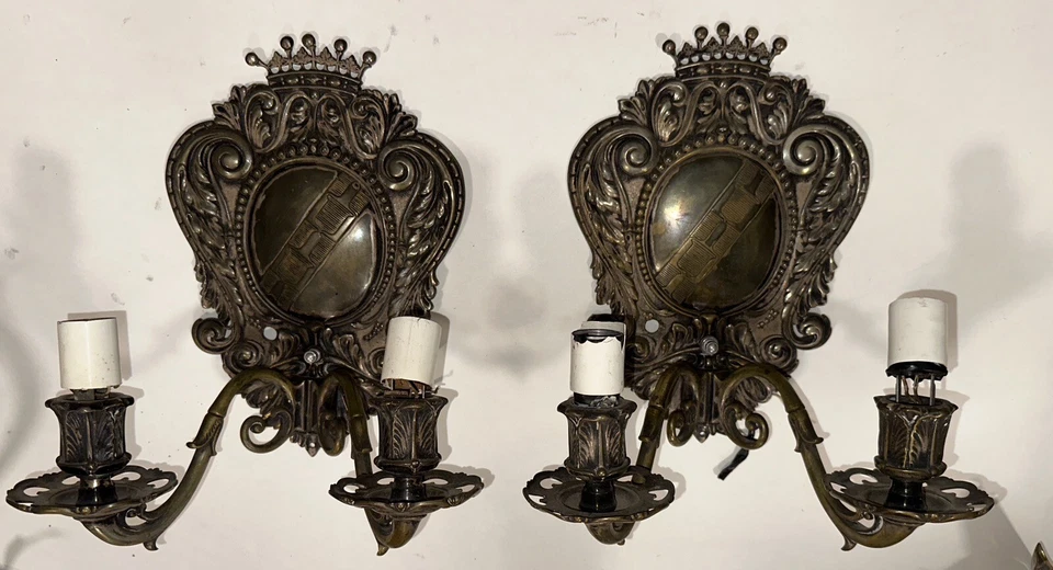 Incredible PAIR Antique English Silver Plated Wall Sconces Crest With Crown - Image 1 of 4