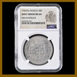 Mexico 50 Pesos Coin, 1982 Comm. Coyolxauhqui Broadstruck Mint Error NGC MS 64 - Picture 1 of 2