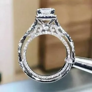 925 Sterling Silver Princess Moissanite Engagement Ring In 14k White Gold Plated - Picture 1 of 8