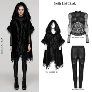 Punk Rave Women Black Loose Coat Gothic Loose Hooded Bat Sleeves Fur Cloak - Picture 1 of 19