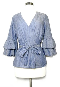 Top blusa BEACH LUNCH LOUNGE blu righe bianche maniche a campana finto avvolgente XS/TP - Foto 1 di 4