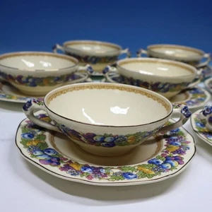 Crown Ducal Florentine Della Robbia - 7 Handled Cream Soup Bowls and Liners - Picture 1 of 8