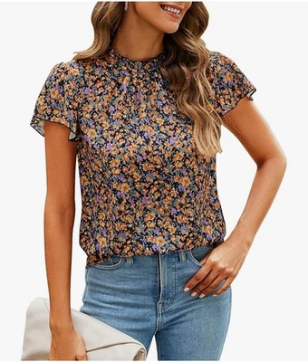 Simple Fun Tunic Size S Peasant Floral Blouse Mock Neck Flare Sleeve Multicolor - Image 1 of 4