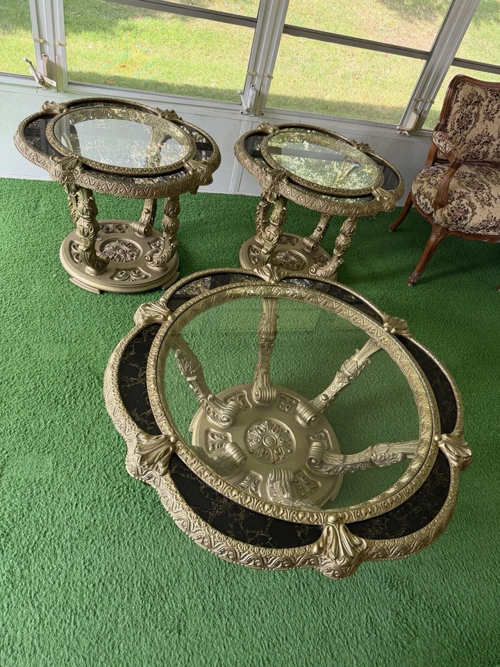Set 3 Hollywood Regency Glass Top Gold Gilt & Faux Marble Coffee & 2 End Tables  - Image 1 of 4