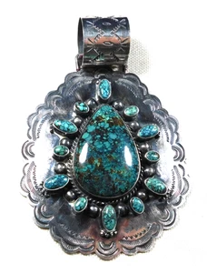 NAVAJO DEAN SANDOVAL STERLING Stamped TURQUOISE HANDMADE Vintage PENDANT Estate - Picture 1 of 3