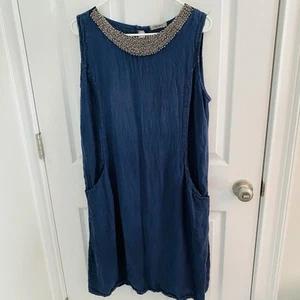 Lungo L’arno Leinen Midikleid Gr. 1X Marine Perlen Taschen Shirt Strand Urlaub - Bild 1 von 7
