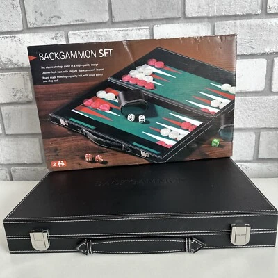 BACKGAMMON SET LEATHER TRAVEL MALACHITE GREEN INLAID VELVET CASE GAME SET 18" - Image 1 of 4