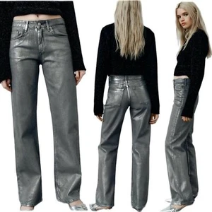 Zara Neu mit Etikett Mid Rise volle Länge weites Bein silber metallic Jeans Größe 6 - Bild 1 von 8