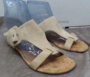 Donald Pliner Wedge Sandals Womens 9M Ofelia Adjustable Suede Cork Slip On Beige - Picture 1 of 10