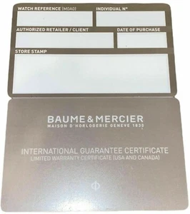 Baume & Mercier Watch Guarantee Certificate / Limited Warranty Certificate Card