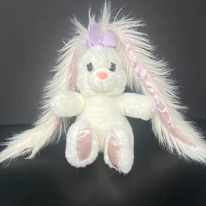 Vintage PJ Toys White Bunny Plush Long Pink Satin Hairy Ears 10" Stuffed Animal - Picture 1 of 9