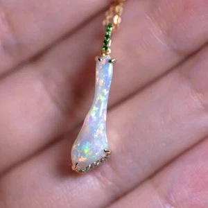 Colorful Australian Opal Fossil Shell Diamond Tsavorite Necklace 18K Yellow Gold - Picture 1 of 10
